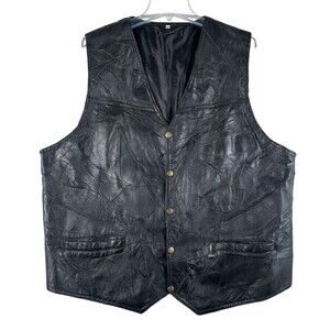 Leather Vest Mens XL Black Patchwork Biker Snap Front Lined Pockets Motorcycle